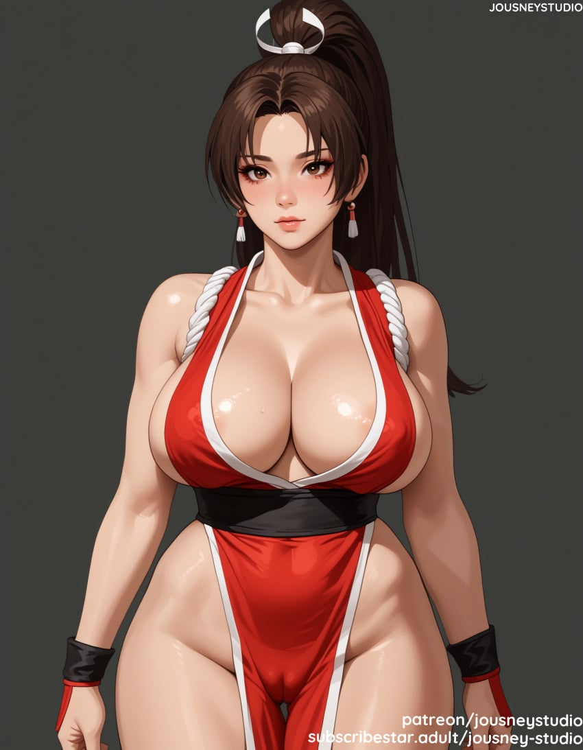 ai_generated areola_slip areolae artist_name bangs bare_arms bare_shoulders black_background blush breasts brown_eyes brown_hair cameltoe clavicle cleavage closed_mouth clothing covered_navel cowboy_shot curvaceous dress earrings erect_nipples eyelashes fatal_fury female female female_only groin high_ponytail huge_breasts jewelry jousneystudio king_of_fighters kof large_breasts lips long_hair looking_at_viewer mai_shiranui makeup navel ninja nipples no_bra obi parted_bangs parted_lips patreon_username pelvic_curtain pink_lips ponytail revealing_clothes ribbon rope sash shiny shiny_skin shiranui_mai simple_background sleeveless smile solo standing thick_thighs thigh_gap thighs tied_hair traditional_clothes wafuku watermark white_ribbon wide_hips