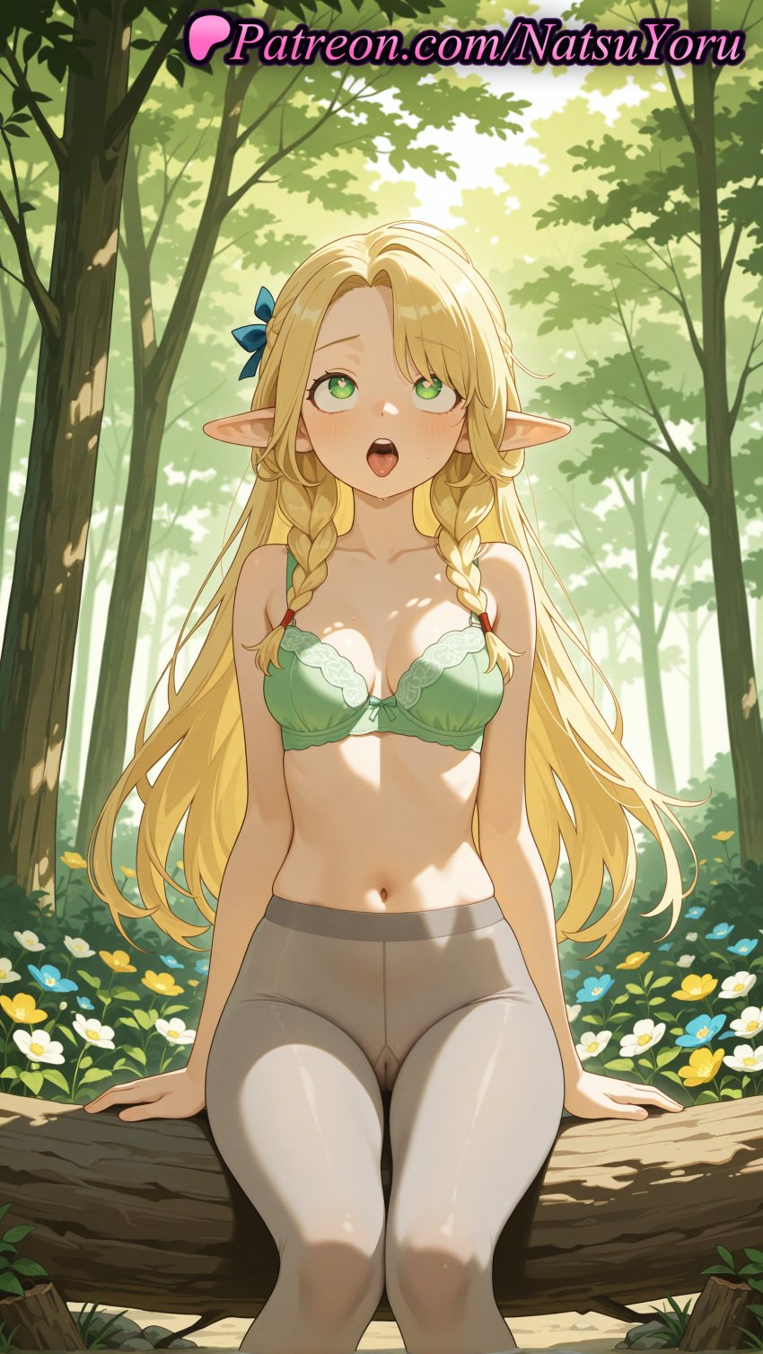 1girls ahe_gao ai_generated anime anime_style bangs bare_arms bare_shoulders blonde_hair blue_flower blush bra braid breasts bust busty cameltoe cleavage collarbone crotch_seam day delicious_in_dungeon dungeon_meshi elf elf_ears feet_out_of_frame female female_focus female_only flower forest green_bra green_eyes grey_pants gusset hair_flower hair_ornament hair_ribbon heart heart-shaped_pupils hentai hi_res high-waist_pantyhose high_quality high_resolution highres long_hair looking_at_viewer marcille_donato medium_breasts natsuyoru nature navel no_panties open_mouth outdoors pantyhose parted_bangs patreon pointed_ears pointy_ears pussy ribbon rolling_eyes see-through sitting solo solo_female stomach tongue tongue_out tree twin_braids underwear underwear_only upper_teeth_only voluptuous voluptuous_female white_pantyhose yellow_flower