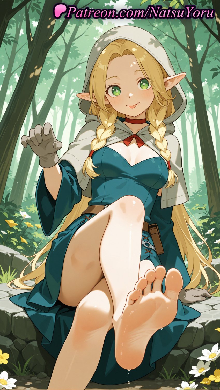 1girls ai_generated anime anime_style bangs bare_legs barefoot belt blonde_hair blue_dress blush braid breasts bust busty capelet choker cleavage crossed_legs delicious_in_dungeon dress dungeon_meshi elf elf_ears feet female_focus female_only fetish flower foot_fetish foot_focus foot_out_of_frame foreshortening forest gloves green_eyes grey_gloves hand_up hentai hi_res high_quality high_resolution highres hood hood_up hooded_capelet legs lipstick long_hair long_sleeves looking_at_viewer marcille_donato medium_breasts natsuyoru nature outdoors parted_bangs patreon pointed_ears pointy_ears pouch pov_feet presenting_foot red_choker sitting smile soaking_feet soles solo solo_female spread_toes thighs toes tongue tongue_out tree twin_braids very_long_hair voluptuous voluptuous_female water wet white_gloves