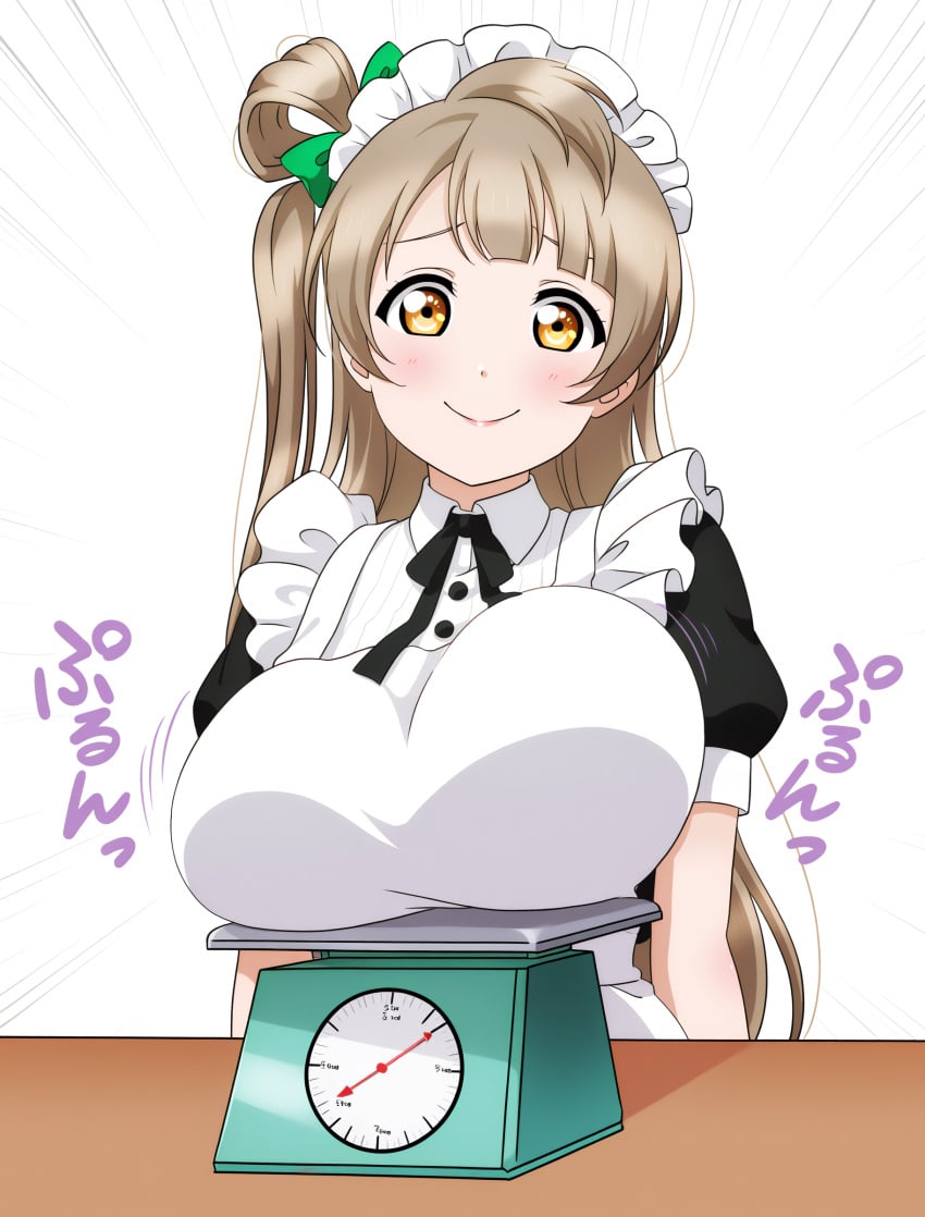 1girl 1girls ai_generated ainme_diffusion apron bangs black_ribbon blush bouncing_breasts bow breast_rest breasts closed_mouth emphasis_lines female female_only gold_eyes green_bow hair_bow japanese_text large_breasts light_brown_hair long_hair looking_at_viewer love_live! love_live!_school_idol_project maid maid_headdress minami_kotori motion_lines neck_ribbon official_style one_side_up puffy_short_sleeves puffy_sleeves ribbon short_sleeves simple_background smile solo solo_female sound_effects upper_body weighing_breasts weighing_scale white_apron white_background