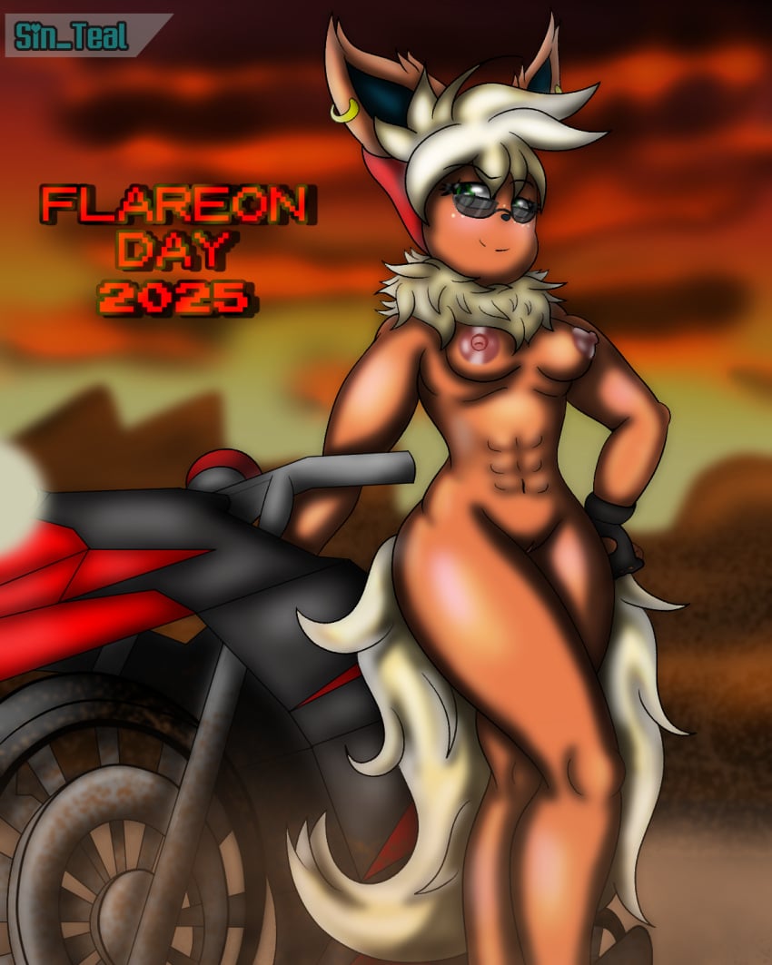 anthro anthrofied big_breasts blush breasts clothing digital_media_(artwork) ear_piercing ear_ring eeveelution eyewear female flareon flareon_day freckles fur generation_1_pokemon genitals hair hi_res kerchief looking_at_viewer mammal motorcycle nintendo nipples nude piercing pokemon pokemon_(species) pussy ring_piercing rubina_(sin_cyan06) sin_teal smile solo tail text vehicle