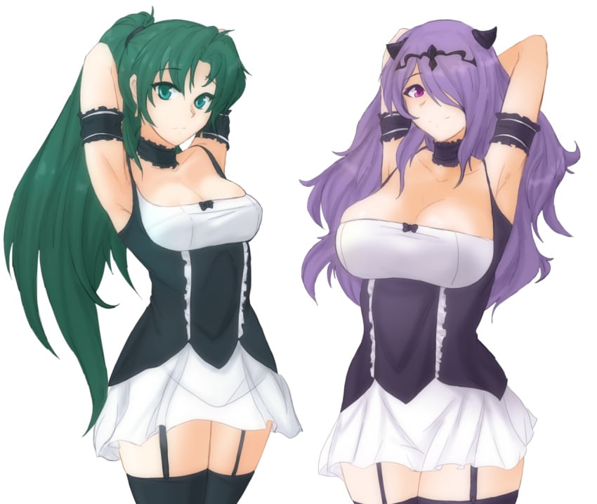 2girls breasts camilla_(fire_emblem) cleavage fire_emblem fire_emblem:_the_blazing_blade fire_emblem_fates green_eyes green_hair hands_behind_head long_hair lyn_(fire_emblem) lyndis_(fire_emblem) maid maid_uniform ponytail purple_eyes purple_hair thighhighs thighs transparent_background tridisart