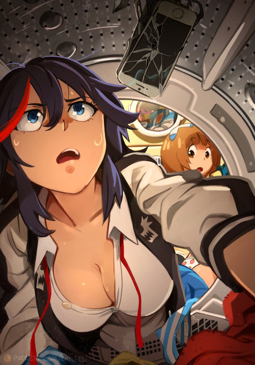 big_breasts black_hair blue_eyes brown_eyes brown_hair cleavage cleavage_overflow jacket jacket_open khyleri kill_la_kill looking_at_another looking_up mankanshoku_mako matoi_ryuuko medium_hair open_mouth panties smartphone sweatdrop two_tone_hair unbottoned_shirt