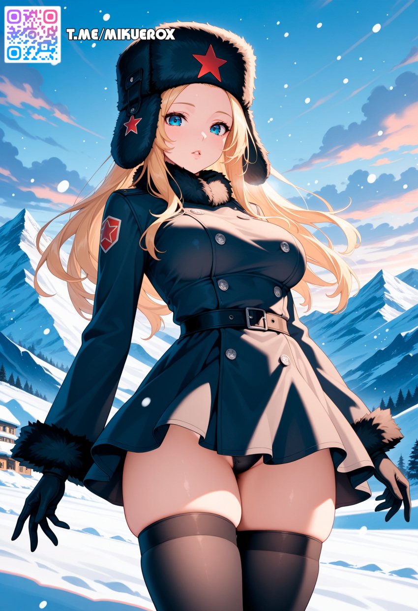 ai_generated belt black_belt black_gloves black_headwear black_thighhighs blonde_hair blue_eyes blue_sky bottomless breasts buttons cleft_of_venus cloud coat cowboy_shot day dress female fur-trimmed_coat fur-trimmed_sleeves fur_collar fur_hat fur_trim gloves hat large_breasts long_hair long_sleeves looking_at_viewer mosaic_censoring mountain mountainous_horizon no_panties outdoors papakha parted_bangs parted_lips pine_tree pussy red_star skindentation sky snow snowing solo standing star_(symbol) thighhighs thighs tree uncensored ushanka winter