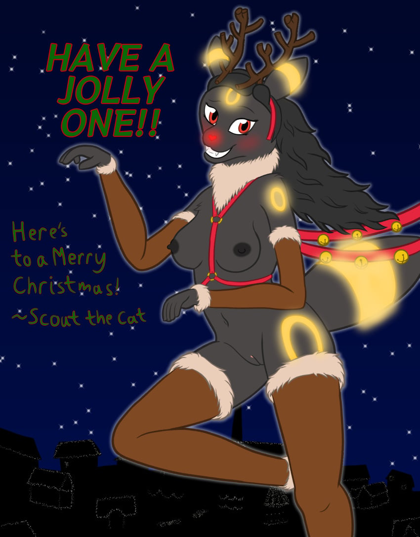 anthro areola armwear bell bell_harness black_areola black_body black_fur black_hair blush breasts brown_clothing christmas christmas_decorations christmas_lights clitoris clothing eeveelution english_text female fur fur_clothing generation_2_pokemon genitals glowing glowing_markings hair harness hi_res holidays jingle_bell jingle_bell_harness julie_cassels legwear mane markings nintendo nipples pokemon pokemon_(species) pose pussy red_eyes red_nose reindeer_antlers reindeer_costume scoutthecat02 sky smile smiling_at_viewer solo star starry_sky text umbreon