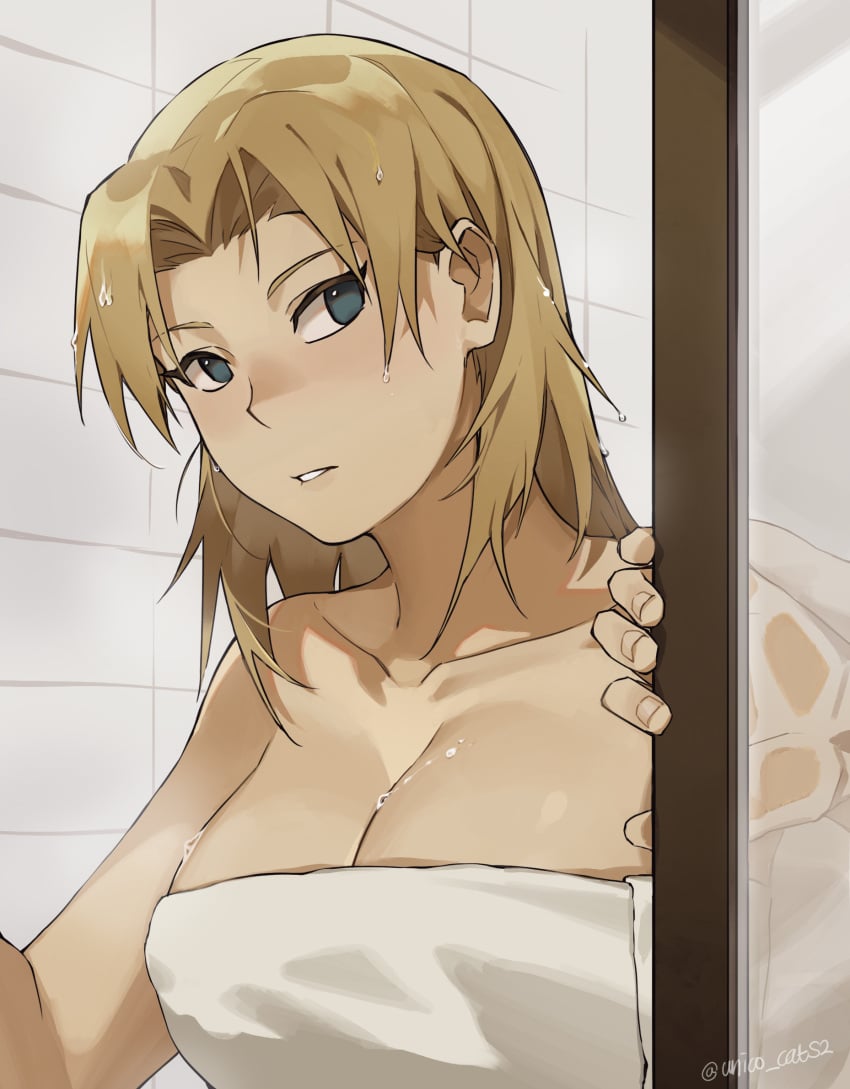 1girls artist_name bare_shoulders blonde_hair breasts cleavage collarbone condensation fog green_eyes hair_down hands_up highres huge_breasts indoors korean_commentary long_hair looking_at_viewer looking_to_the_side naked_towel naruto naruto_(series) naruto_shippuden naruto_shippuuden parted_bangs shade standing temari towel twitter_username unico_cats2 upper_body wavy_hair wet wet_hair window_fog