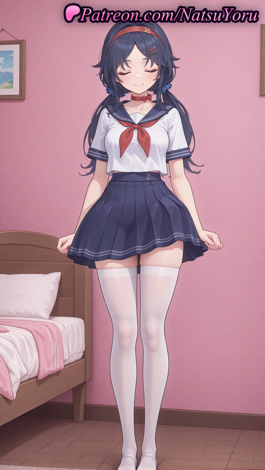 1girls ai_generated anime anime_style arms_at_sides bangs bed bedroom black_hair blue_hair blue_sailor_collar blue_skirt blush breasts bust busty choker closed_eyes closed_mouth collar collarbone crazy_mita_(miside) crop_top_overhang facing_viewer female female_focus female_only full_body hair_ornament hair_scrunchie hairband hairclip hentai hi_res high_quality high_resolution highres indoors legwear long_hair low_twintails medium_breasts miniskirt miside mita_(miside) natsuyoru neckerchief no_shoes parted_bangs patreon pillow pleated_skirt red_choker red_collar red_hairband red_neckerchief sailor_collar sailor_uniform school_uniform scrunchie serafuku shirt shoes short_sleeves skindentation skirt smile solo solo_female standing thighhighs thighs twintails voluptuous voluptuous_female white_footwear white_legwear white_shirt white_thighhighs wooden_floor zettai_ryouiki