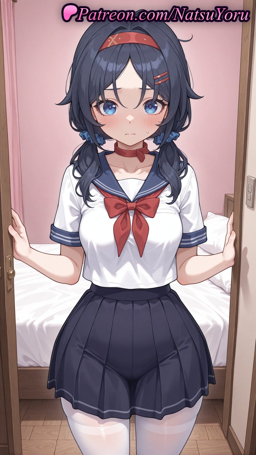 1girls ai_generated anime anime_style bangs bed bedroom black_hair black_skirt blue_eyes blue_hair blue_sailor_collar blue_skirt blush bow bowtie breasts bust busty choker closed_mouth clothing collarbone cowboy_shot crazy_mita_(miside) door doorway female female_focus female_only hair_ornament hair_scrunchie hairband hairclip hentai hi_res high_quality high_resolution highres indoors legwear long_hair looking_at_viewer low_twintails medium_breasts miniskirt miside mita_(miside) natsuyoru neckerchief pantyhose parted_bangs patreon pillow pleated_skirt red_bow red_bowtie red_choker red_hairband red_neckerchief sailor_collar sailor_uniform school_uniform scrunchie serafuku shirt short_sleeves skirt solo solo_female standing sweatdrop thighband_pantyhose thighhighs thighs twintails voluptuous voluptuous_female white_legwear white_pantyhose white_shirt white_thighhighs wooden_floor