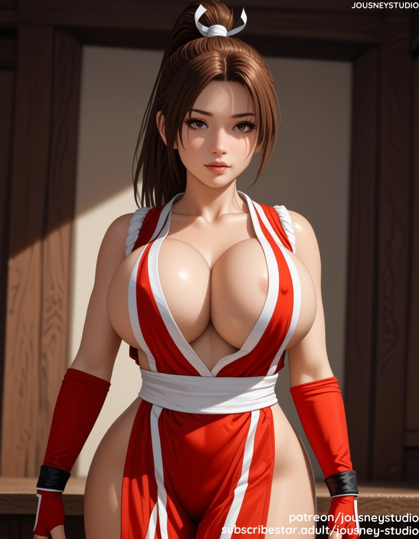 ai_generated areola_slip bangs bare_shoulders breasts brown_eyes brown_hair cleavage closed_mouth clothing cowboy_shot dress fatal_fury female female female_only fingerless_gloves gloves high_ponytail huge_breasts indoors jousneystudio king_of_fighters kof kunoichi large_breasts lips long_hair looking_at_viewer mai_shiranui ninja no_bra obi parted_bangs patreon_username pelvic_curtain ponytail red_gloves revealing_clothes rope sash shiny shiranui_mai solo standing thighs tied_hair traditional_clothes wafuku