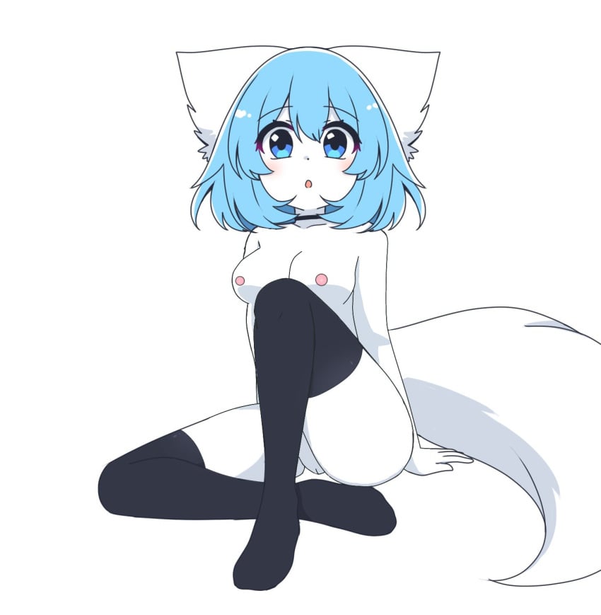 blue_eyes blue_hair breasts edit furry furry_female furry_only looking_at_viewer nude solo solo_female tagme tail thighhighs thighhighs_only white_fur white_tail wolfychu youtube youtuber