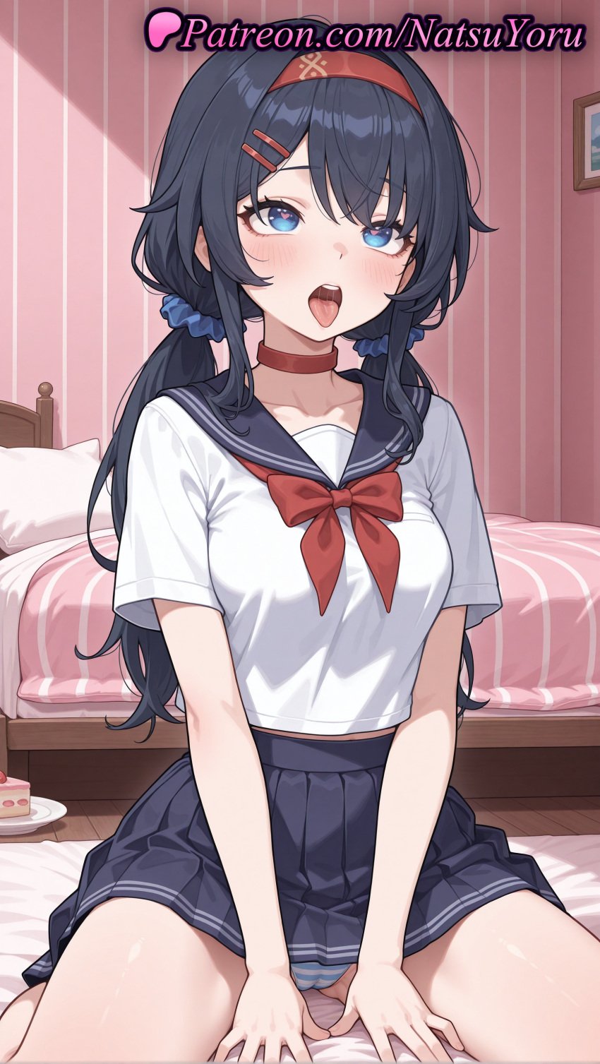 1girls ahe_gao ai_generated anime anime_style bangs bed bedroom black_hair black_skirt blue_eyes blue_hair blue_panties blue_scrunchie blue_skirt blush bow bowtie breasts bust busty cake cameltoe choker collarbone crazy_mita_(miside) female female_focus female_only food hair_ornament hair_scrunchie hairband hairclip heart heart-shaped_pupils hentai hi_res high_quality high_resolution highres indoors large_breasts long_hair looking_at_viewer low_twintails medium_breasts miniskirt miside mita_(miside) natsuyoru neckerchief on_bed open_mouth panties pantsu pantyshot patreon pillow pleated_skirt red_bow red_bowtie red_choker red_hairband sailor_collar sailor_uniform school_uniform scrunchie serafuku shirt short_sleeves sitting skirt solo solo_female striped striped_clothes striped_panties symbol-shaped_pupils teeth thighs tongue tongue_out twintails underwear voluptuous voluptuous_female wariza white_panties white_shirt