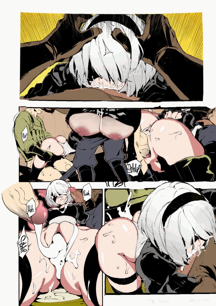 1girls 2boys animated blindfold bouncing_breasts breasts breasts_out cum cum_in_mouth cum_in_pussy cum_inside cum_on_breasts cum_on_face cum_trail head_grab hirame nier:_automata nier_(series) nipples oral oral_sex penis pussy sex vaginal_penetration vaginal_sex yorha_2b