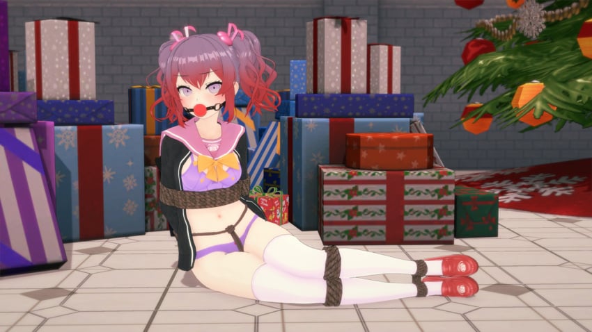 1girls 3d arms_behind_back ball_gag belly_button blush bondage bound bound_ankles bound_arms bound_knees bound_legs bound_torso christmas christmas_present crotch_rope danganronpa fanganronpa female_only femsub koikatsu multicolored_hair musical_note_hair_ornament open_clothes otonokoji_hibiki purple_bra purple_panties small_breasts submissive submissive_female super_danganronpa_another_2 swellragg99 tied_up underwear