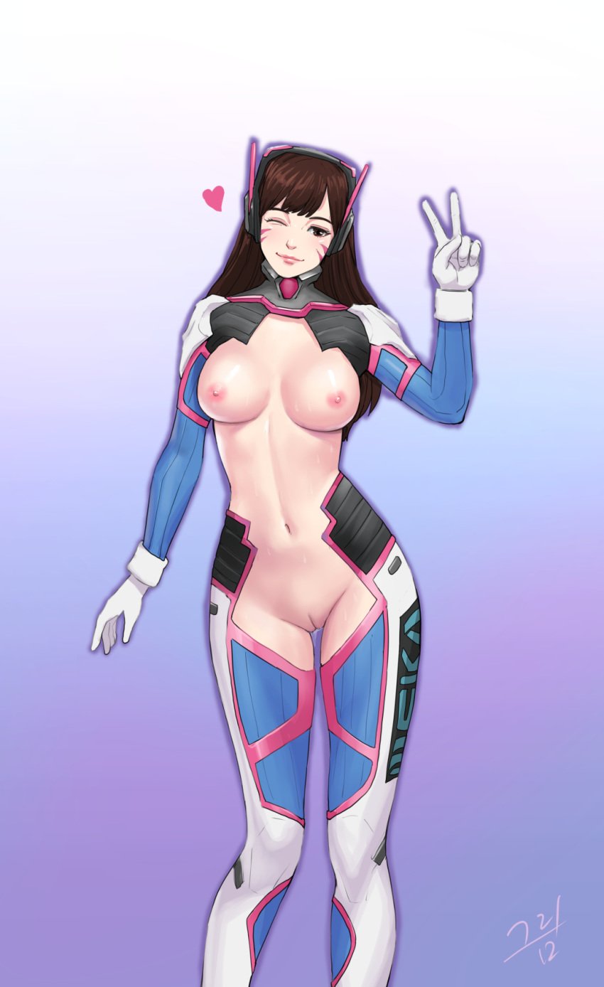 adapted_costume areolae bodysuit breasts brown_eyes brown_hair casual_exposure d.va female footwear handwear headphones human mezzo_(orbanga21) navel nipples one_eye_closed overwatch pussy solo uncensored v whisker_markings wink yeagraam