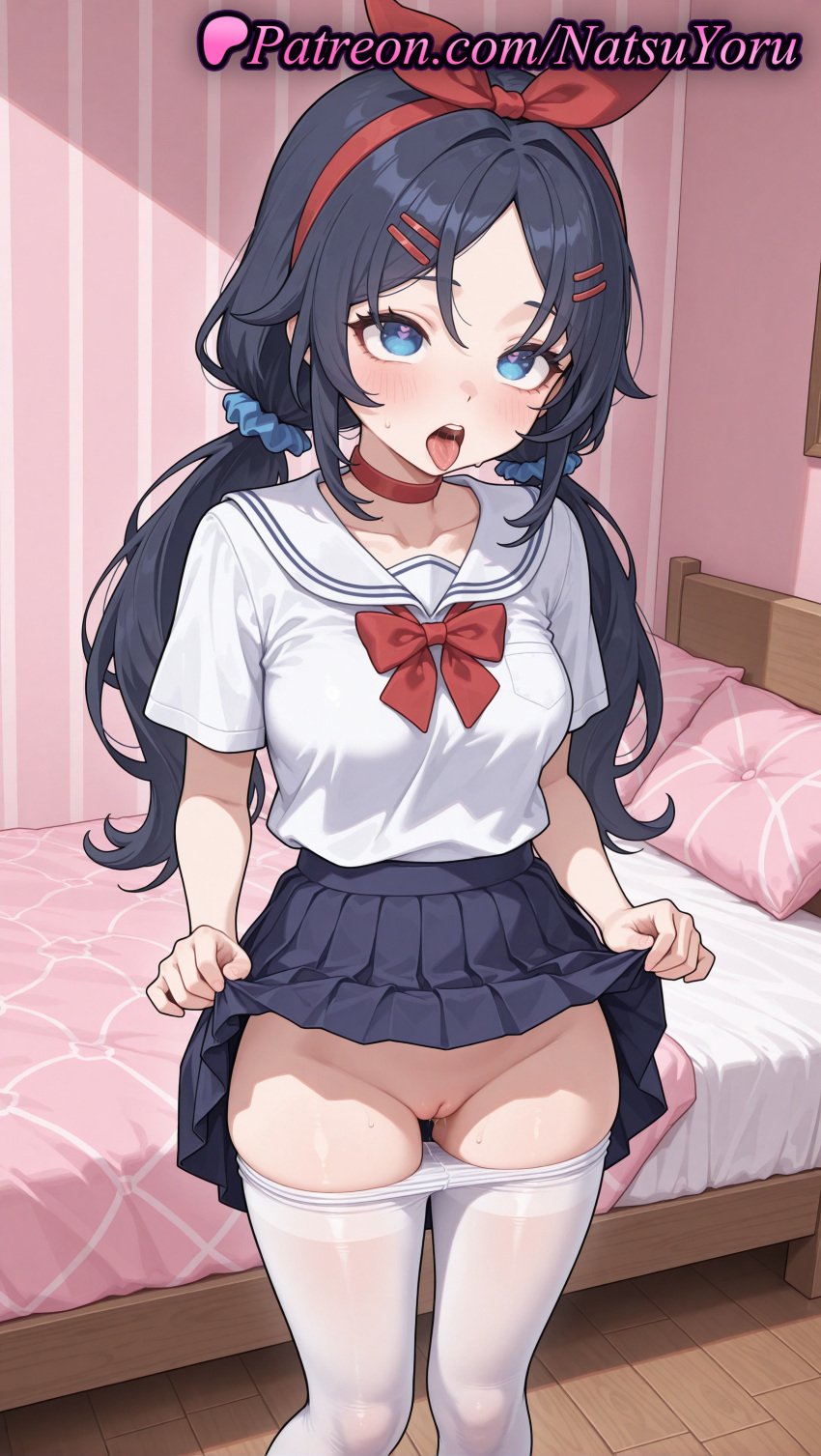 1girls ai_generated anime anime_style asian ass_visible_through_thighs bangs bed bedroom black_hair black_skirt blue_eyes blue_hair blue_skirt blush bow bowtie breasts bust busty choker cleft_of_venus clothes_lift clothes_pull collarbone crazy_mita_(miside) feet_out_of_frame female female_focus female_only flashing groin hair_ornament hair_ribbon hair_scrunchie hairband hairclip heart heart-shaped_pupils hentai hi_res high_quality high_resolution highres indoors lifted_by_self long_hair looking_at_viewer low_twintails medium_breasts miniskirt miside mita_(miside) mole natsuyoru no_panties on_bed open_mouth pantyhose pantyhose_pull parted_bangs patreon pillow pleated_skirt pussy red_bow red_bowtie red_choker red_hairband red_ribbon ribbon sailor_collar school_uniform scrunchie serafuku shaved_vagina shirt short_sleeves skirt skirt_lift solo solo_female standing sweat symbol-shaped_pupils teeth thighs tongue tongue_out twintails uncensored upper_teeth_only vagina voluptuous voluptuous_female white_choker white_pantyhose white_sailor_collar white_shirt wooden_floor