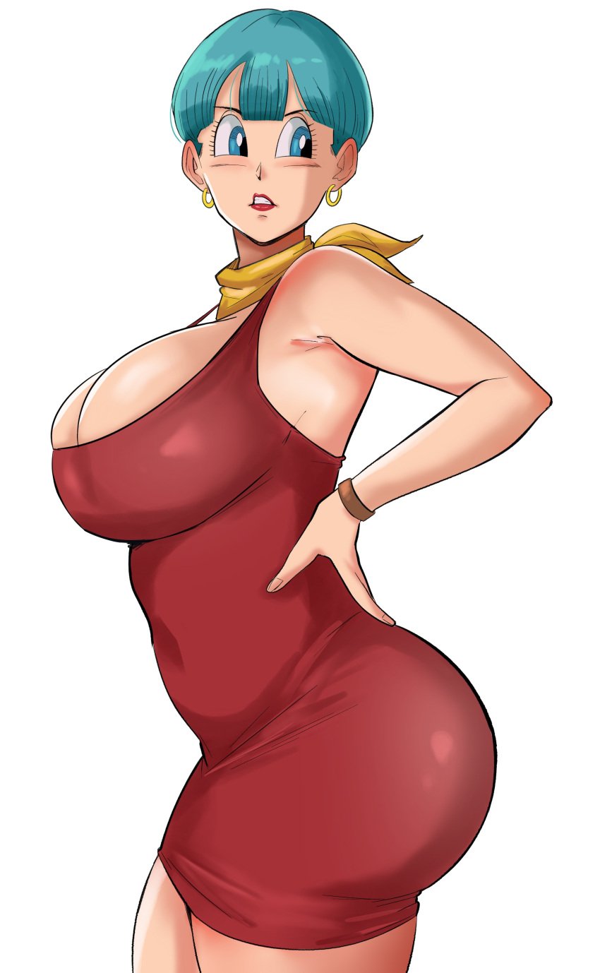 1girls big_ass big_breasts blue_hair bulma_briefs child_bearing_hips dragon_ball mature_female milf mother panarandom plump red_dress red_lipstick solo thick_thighs white_woman wife