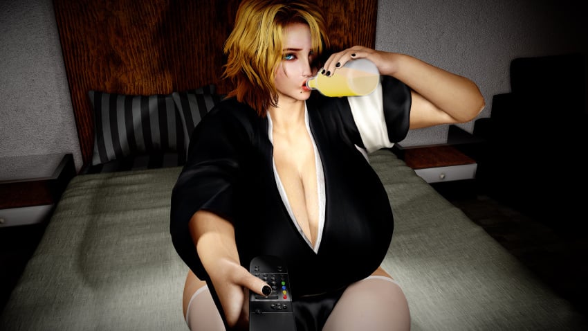 3d 3d_(artwork) 3d_model beauty_mark beer bleach blue_eyes breasts cleavage drinking huge_breasts large_breasts matsumoto_rangiku orange_hair sole_female superdougie sweat wet