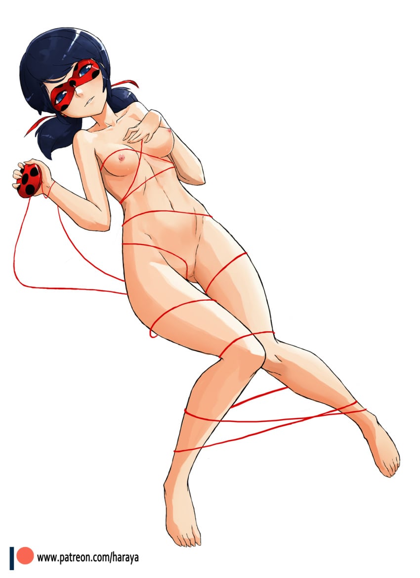 1girls blue_eyes blue_hair female haraya holding_object ladybug_(character) marinette_dupain-cheng mask masked masked_female miraculous_ladybug nude nude_female shaved_pussy short_hair solo solo_female superheroine tied_up twintails yo-yo