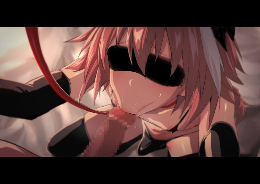 2boys absurdres areola_slip astolfo_(fate) bare_shoulders bikini black_bikini black_bow black_gloves black_thighhighs blindfold blush bow braid bulge censored collar collarbone dark_penis elbow_gloves erection erection_under_clothes fate/apocrypha fate_(series) fellatio gloves hair_between_eyes hair_intakes highres leash letterboxed long_braid long_hair male_focus micro_bikini mosaic_censoring multicolored_hair multiple_boys oerba_yun_fang oral otoko_no_ko penis pink_hair single_braid skin_fang solo_focus squatting streaked_hair sunken_cheeks swimsuit thighhighs ulrich_(tagaragakuin) viewer_holding_leash yaoi