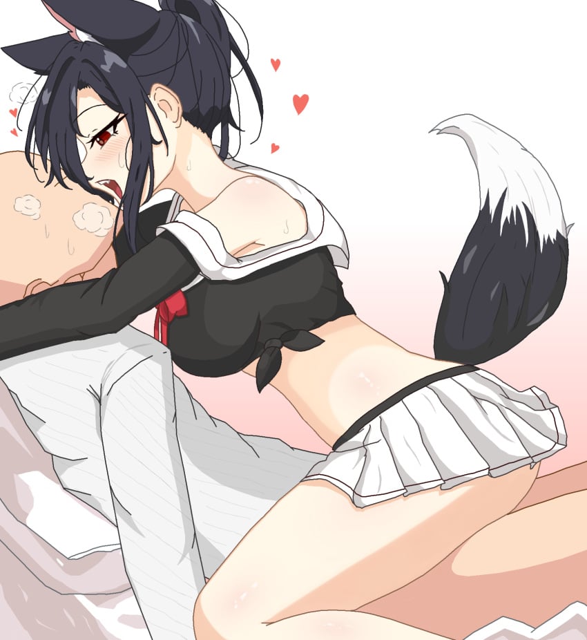 1boy animal_ears azur_lane black_hair black_shirt bottomless clothed_sex cowgirl_position crop_top female from_side heart highres open_mouth pleated_skirt red_eyes sbeve2004 sex shigure_(azur_lane) shirt skirt straddling tail vaginal_penetration