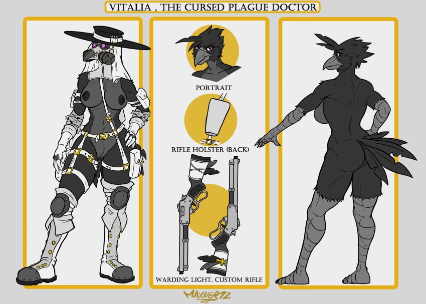 absurd_res anthro armor ass avian bandolier bird boots breasts clothed clothing combat_gear corvid corvus_(genus) crow english_text female footwear gas_mask genitals gloves gun handwear headgear headgear_only helmet helmet_only hi_res holster mask maxner12 model_sheet nude oscine passerine plague_doctor purple_eyes pussy ranged_weapon rifle shoes skimpy solo text vitalia weapon