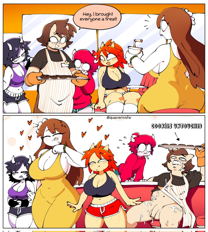 after_fellatio apron big_ass big_breasts breasts cleavage coco_(quavernsfw) cookies cum dress flaky_(quavernsfw) flower_in_hair gloves horns huge_breasts mango_quaver_(female) penis_out quavernsfw satisfied_look shorts strawberry_quaver tank_top thick_thighs