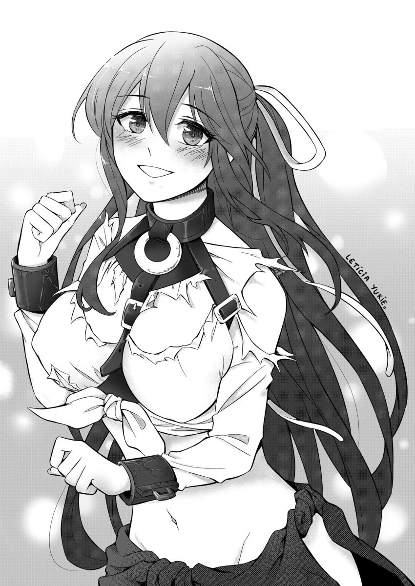 aikawa_shuuko big_breasts black_and_white breasts chains cuffs ecstas_online ponytail slave slave_collar slave_outfit slavegirl smile torn_clothes