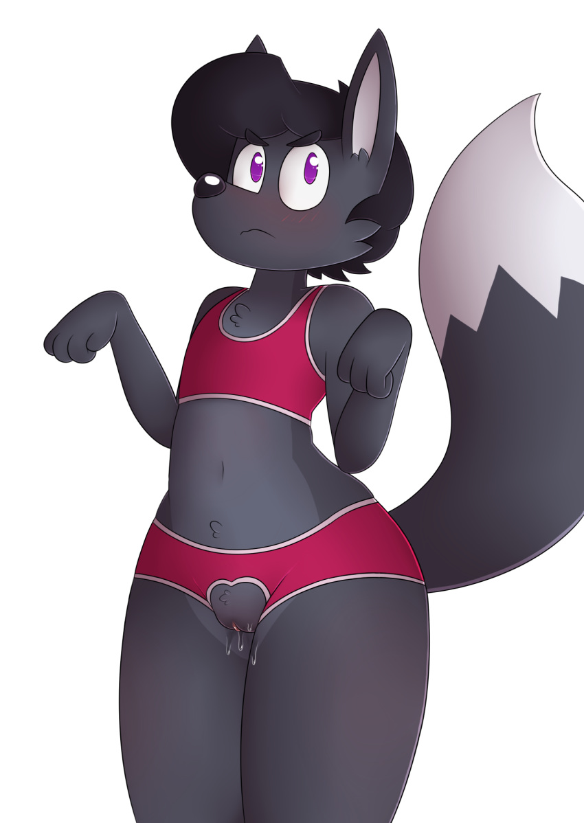 anthro black_hair black_nose blush canine clothed clothing cuntboy fox fur grey_fur hair intersex mammal maypul_syrup phurcy pussy