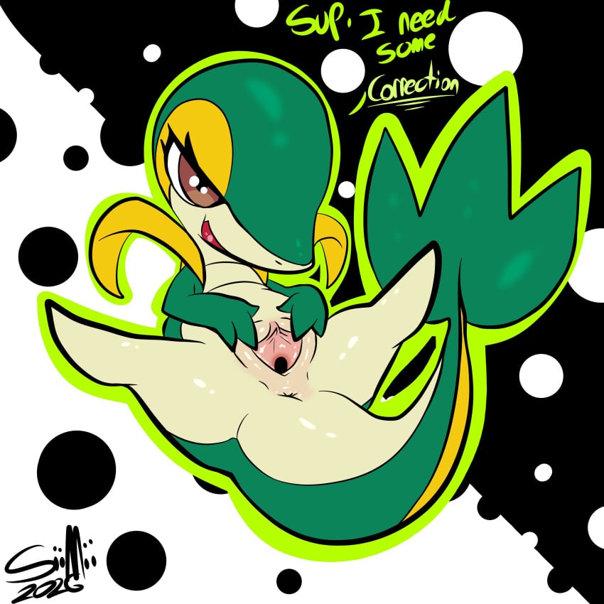 1:1 2026 3_fingers absurd_res anthro anus bedroom_eyes belly biped brown_eyes clitoral_hood dialogue digital_media_(artwork) english_text eyelashes featureless_feet feet female fingers generation_5_pokemon genitals geometric_background glistening glistening_genitalia glistening_tail glistening_thighs glistening_vulva green_arms green_body green_fingers green_hands green_outline half-closed_eyes hi_res inviting leaf leaf_tail lying markings mii2sii multicolored_body multicolored_tail narrowed_eyes nintendo nude on_back open_mouth outline plump_labia pokemon pokemon_(species) presenting presenting_vulva reptile scalie seductive serpentine signature simple_background snivy solo speech_marker spread_legs spread_vulva spreading tail tan_belly tan_body tan_legs tan_tail tan_vulva text thick_thighs vaginal_penetration vulva yellow_eyelids yellow_markings