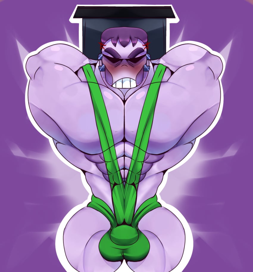 1boy abs accessory balls bara big_balls big_pecs big_penis brawl_stars dick frank_(brawl_stars) gay green_mankini hammer headphones jacket jacket_open large_penis long_penis looking_at_viewer male male_only mankini muscular muscular_male nipples pecs pectorals penis purple_background purple_body purple_hair scarf short_hair solo solo_male teeth thick_penis thick_thighs veiny_penis xd yaoi