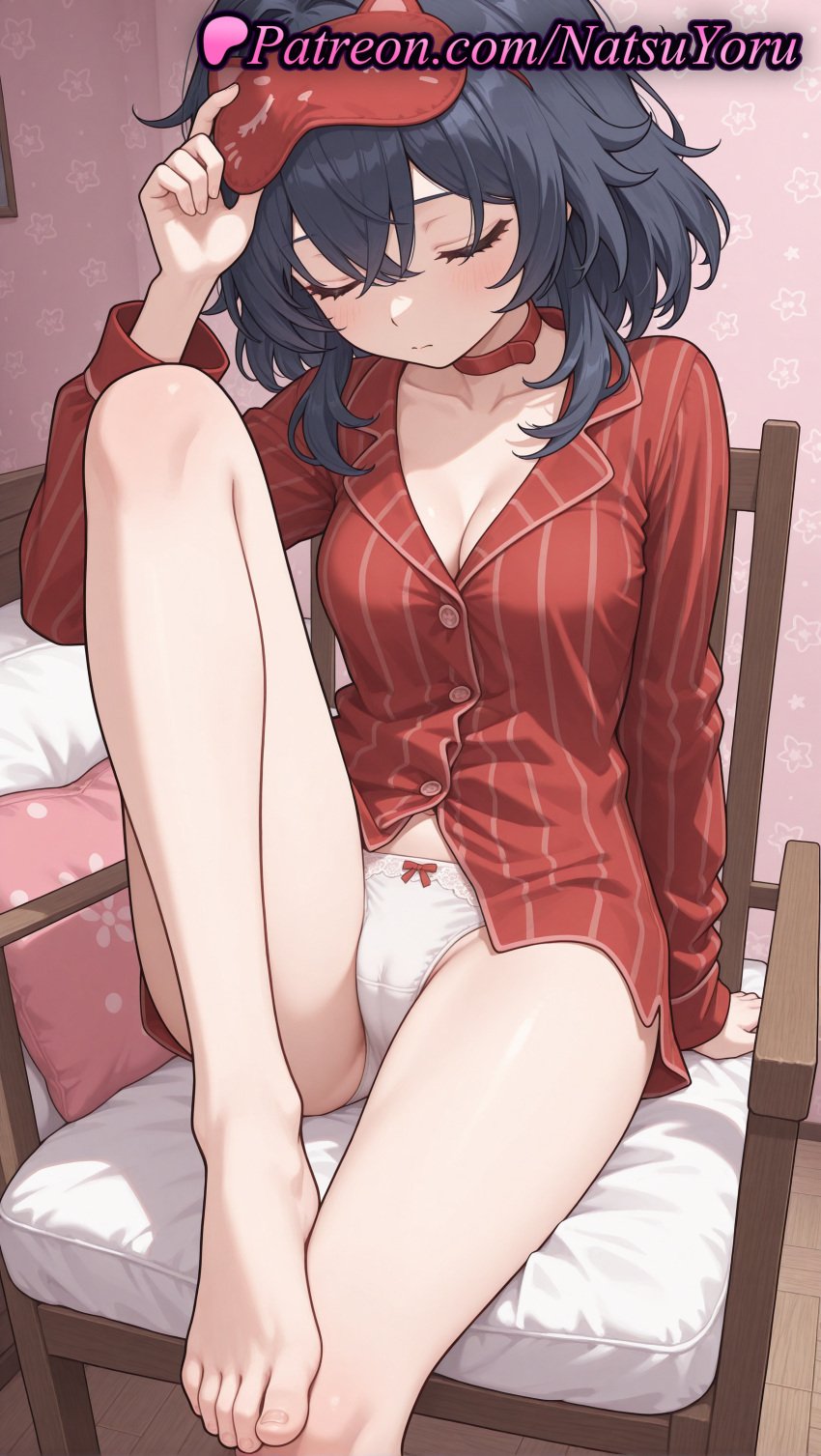 1girls ai_generated anime_style asian bangs bare_legs barefoot bed black_hair blue_hair blush bow bow_panties breasts bust busty buttons cameltoe chair choker cleavage closed_eyes closed_mouth collarbone crossed_bangs facing_viewer feet feet_on_chair female female_focus female_only foot_fetish foot_out_of_frame hair_between_eyes hand_up hentai hi_res high_quality high_resolution highres indoors knee_up legs long_sleeves mask mask_on_head medium_breasts medium_hair miside mita_(miside) natsuyoru no_pants on_chair pajamas pale_skin panties pantsu partially_unbuttoned patreon pillow red_bow red_choker red_shirt shirt sitting sleep_mask sleepy_mita_(miside) solo solo_female striped striped_clothes striped_shirt thighs toenails toes underwear vertical-striped_shirt vertical_stripes voluptuous voluptuous_female white_panties