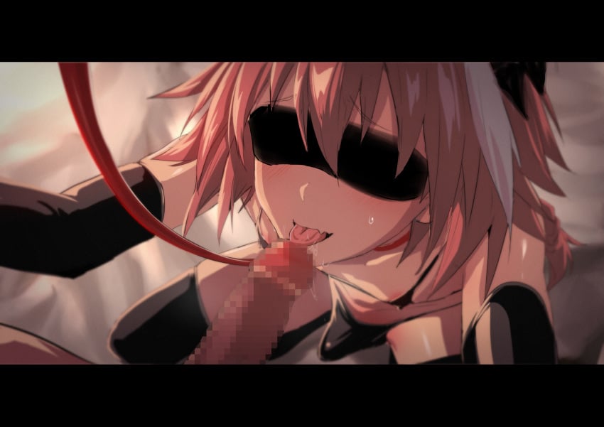 2boys absurdres areola_slip astolfo_(fate) bare_shoulders bikini black_bikini black_bow black_gloves black_thighhighs blindfold blush bow braid bulge censored collar collarbone dark_penis elbow_gloves erection erection_under_clothes fate/apocrypha fate_(series) fellatio gloves hair_between_eyes hair_intakes highres leash letterboxed licking licking_penis long_braid long_hair male_focus micro_bikini mosaic_censoring multicolored_hair multiple_boys oerba_yun_fang open_mouth oral otoko_no_ko penis pink_hair single_braid skin_fang solo_focus squatting streaked_hair swimsuit thighhighs tongue tongue_out ulrich_(tagaragakuin) viewer_holding_leash yaoi