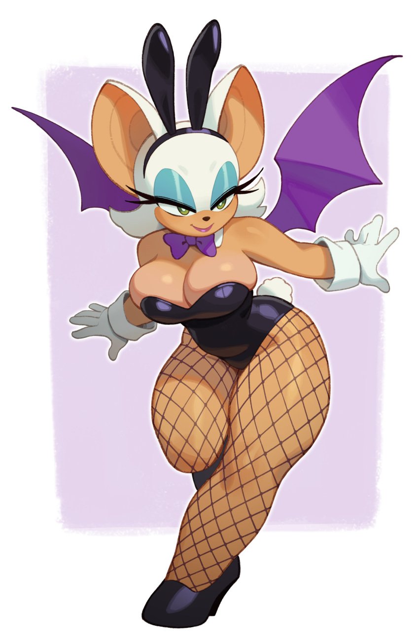 1girls 2025 2d 2d_(artwork) anthro anthro_only bat bat_wings big_breasts bowtie breasts bunny_ears bunny_ears_(cosmetic) bunnysuit chiropteran eyeshadow female female_focus fishnet_legwear gloves green_eyes membranous_wings mobian_(species) narrowed_eyes rizdraws rouge_the_bat sega smile solo solo_female sonic_(series) thick_thighs white_hair wings