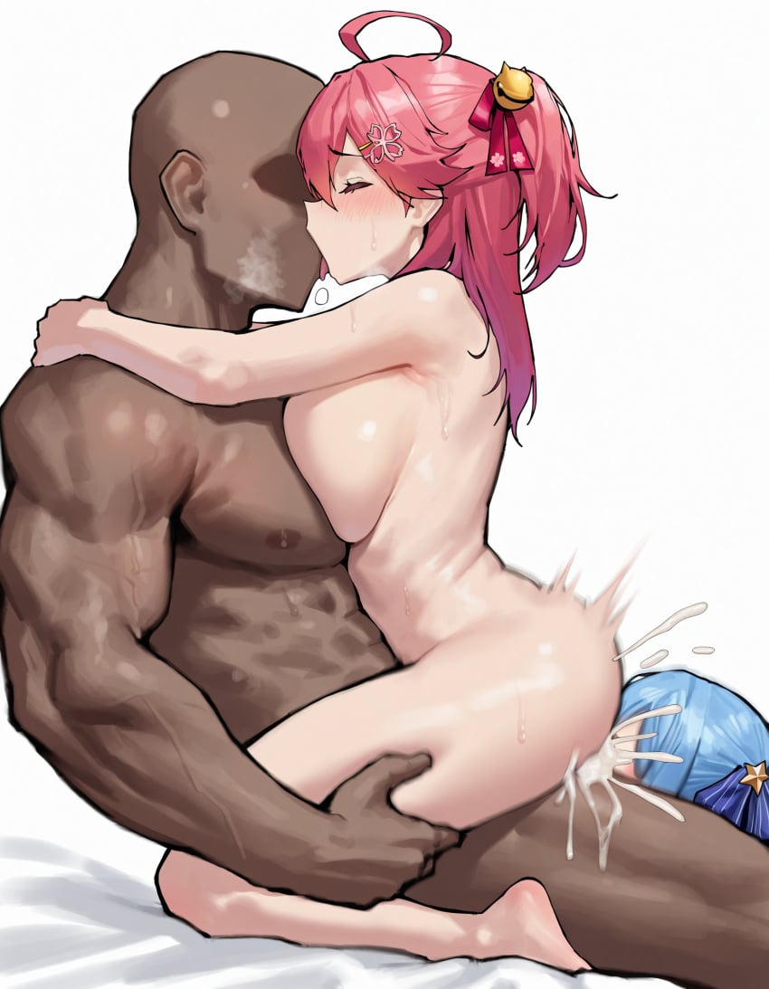 1boy 2girls 2girls1boy ahoge ai_generated blue_hair blush breast_squish closed_eyes cum cum_explosion dark-skinned_male faceless_male from_side hair_bell hair_bow heavy_breathing hololive hololive_japan hoshimachi_suisei hug interracial large_breasts long_hair motion_blur muscular_male nude pink_hair sakura_miko sex sitting_on_person straddling straight threesome tongue twitching upright_straddle virtual_youtuber