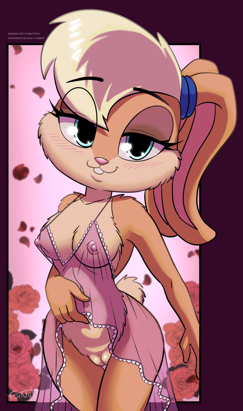 absurd_res anthro areola blonde_hair blue_eyes breasts buckteeth clothed clothing clothing_lift digital_media_(artwork) female flower fur furnut furry genitals hair hi_res lagomorph leporid lingerie lola_bunny looking_at_viewer looney_tunes mammal nipples plant rabbit rose_(flower) seductive smile solo standing tail teeth translucent translucent_clothing vulva warner_brothers