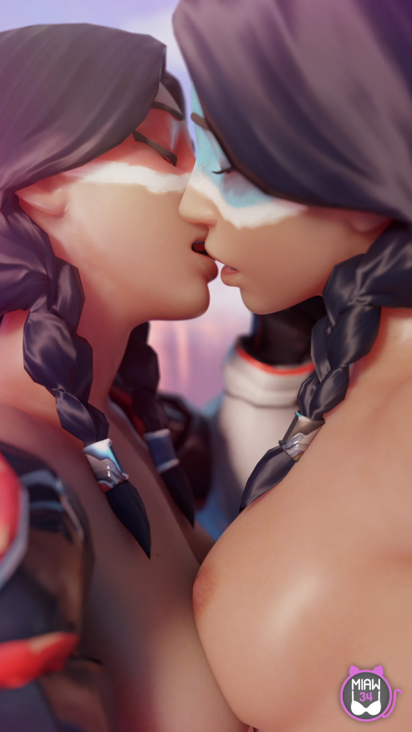 3d areolae blender breasts dark-skinned_female dark_skin kissing miaw34 nipples overwatch pharah raindancer_pharah selfcest thunderbird_pharah