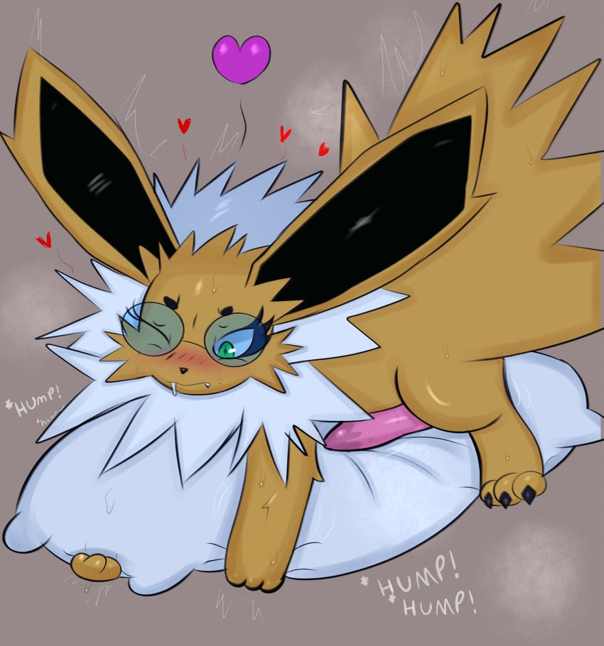 absurd_res animal_genitalia blush bodily_fluids canid canine canine_genitalia caught_in_the_act drooling eeveelution embarrassed eyewear feral feral_only fur generation_1_pokemon genitals glasses green_eyes grinding heart_symbol hi_res humping jolteon male male/male male_feral male_only mammal masturbation miyang miyang_draws! motion_lines neck_tuft nintendo penis pillow pillow_humping pokemon pokemon_(species) saliva simple_background snaggle_tooth solo sound_effects sweat text tuft wearing_glasses yellow_body yellow_fur