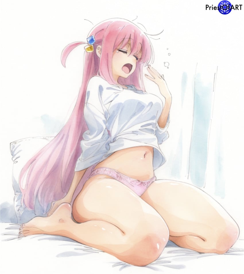 1girls ai_generated bare_legs bed bedroom bocchi_the_rock! closed_eyes color female female_focus female_only gotou_hitori kneeling pillow pink_hair pink_panties priestofart shirt sitting solo solo_female solo_focus tagme tagme_(artist) tagme_(character) thick_thighs watermark yawning