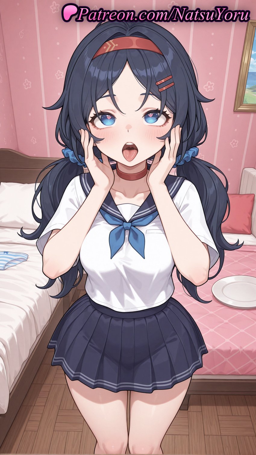 1girls ai_generated anime_style bangs bed bedroom black_hair black_skirt blue_eyes blue_hair blue_neckerchief blue_skirt blush breasts bust busty choker clothing collarbone crazy_mita_(miside) female female_focus female_only hair_ornament hair_scrunchie hairband hairclip hands_on_own_cheeks hands_on_own_face hands_up heart heart-shaped_pupils hentai hi_res high_quality high_resolution highres indoors long_hair looking_at_viewer low_twintails medium_breasts miniskirt miside mita_(miside) natsuyoru neckerchief open_mouth oral_invitation panties patreon pillow plate pleated_skirt red_hairband sailor_collar sailor_uniform school_uniform scrunchie serafuku shirt short_sleeves skirt solo solo_female striped striped_clothes striped_panties symbol-shaped_pupils teeth thighs tongue tongue_out twintails underwear unworn_panties voluptuous voluptuous_female white_shirt