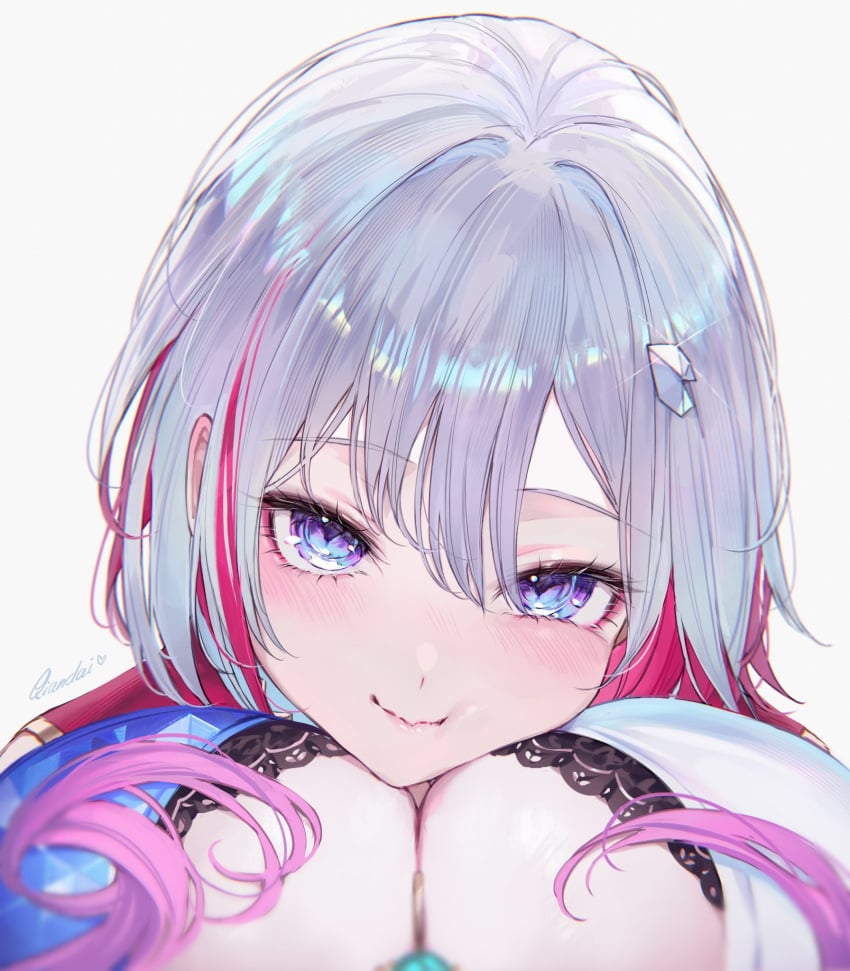 2d 2d_(artwork) blue_eyes blush blushing_at_viewer breasts cleavage head_on_breasts honkai:_star_rail looking_at_viewer pov pov_eye_contact qiandaiyiyu silver_hair topaz_(honkai:_star_rail)