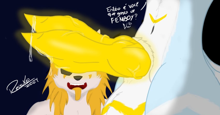 2_penises absurd_res anthro balls big_balls big_penis blonde_hair blue_body blue_fur bodily_fluids can't_see_the_haters canid canine canis duo fox fur generation_3_pokemon genital_fluids genitals glowing glowing_genitalia glowing_penis hair hi_res huge_cock hybrid hyena knot male male/male mammal meme mightyena multi_genitalia multi_penis nintendo penis pokemon pokemon_(species) precum reisuke_wolfox reisuke_wolfox_(artist) text white_body white_fur wolf