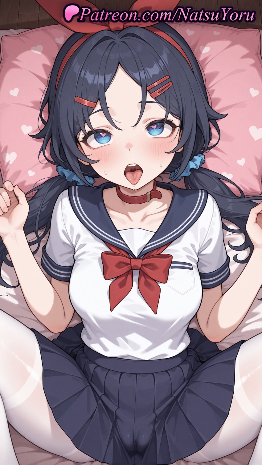 1girls ahe_gao ai_generated anime_style bed bed_sheet black_hair black_sailor_collar black_skirt blue_eyes blue_hair blue_skirt blush bow bowtie breasts bust busty cameltoe choker clothing collar collarbone crazy_mita_(miside) female female_focus female_only female_solo hair_ornament hair_scrunchie hairband hairclip hands_up heart heart-shaped_pupils hentai hi_res high_quality high_resolution highres large_breasts legwear long_hair looking_at_viewer low_twintails lying medium_breasts miniskirt miside mita_(miside) natsuyoru neckerchief on_back on_bed open_mouth pantyhose parted_bangs patreon pillow pleated_skirt red_bow red_bowtie red_choker red_collar red_hairband sailor_collar sailor_uniform saliva school_uniform scrunchie serafuku shirt short_sleeves skirt solo solo_female spread_legs symbol-shaped_pupils thighband_pantyhose tongue tongue_out twintails voluptuous voluptuous_female white_legwear white_pantyhose white_shirt white_thighhighs