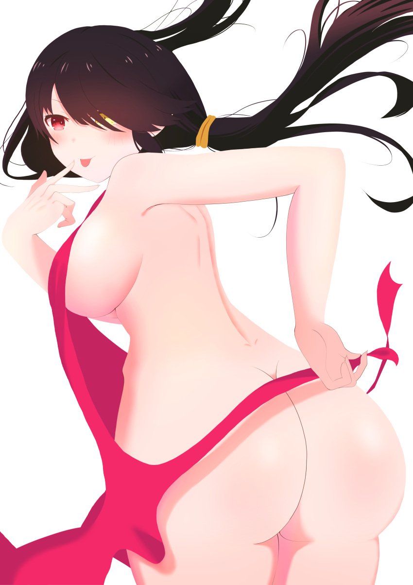 2d 2d_(artwork) ass ass_focus big_ass black_hair blush breasts date_a_live exposed_breasts light-skinned_female medium_breasts red_eyes solo solo_female sweater sweater_only thick_thighs thighs tokisaki_kurumi twintails