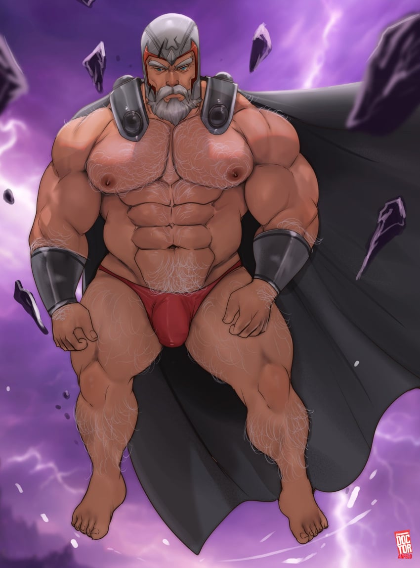 abs body_hair bulge doctor_anfelo grey_hair hairy_chest magneto_(marvel_rivals) male male_focus male_only marvel_rivals muscular_male pecs revealing_clothes solo_male speedo