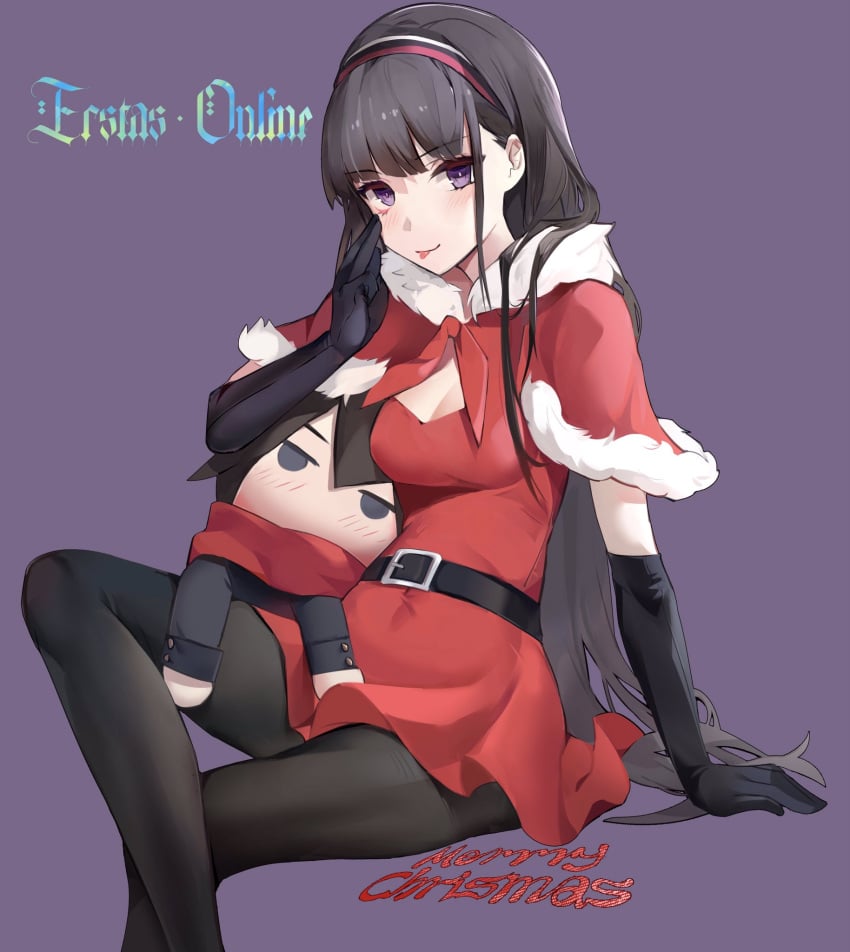 black_hair christmas christmas_outfit ecstas_online female gloves leggings legs legwear plushie purple_eyes shizukuishi_non small_breasts thighs tongue_out tongue_showing