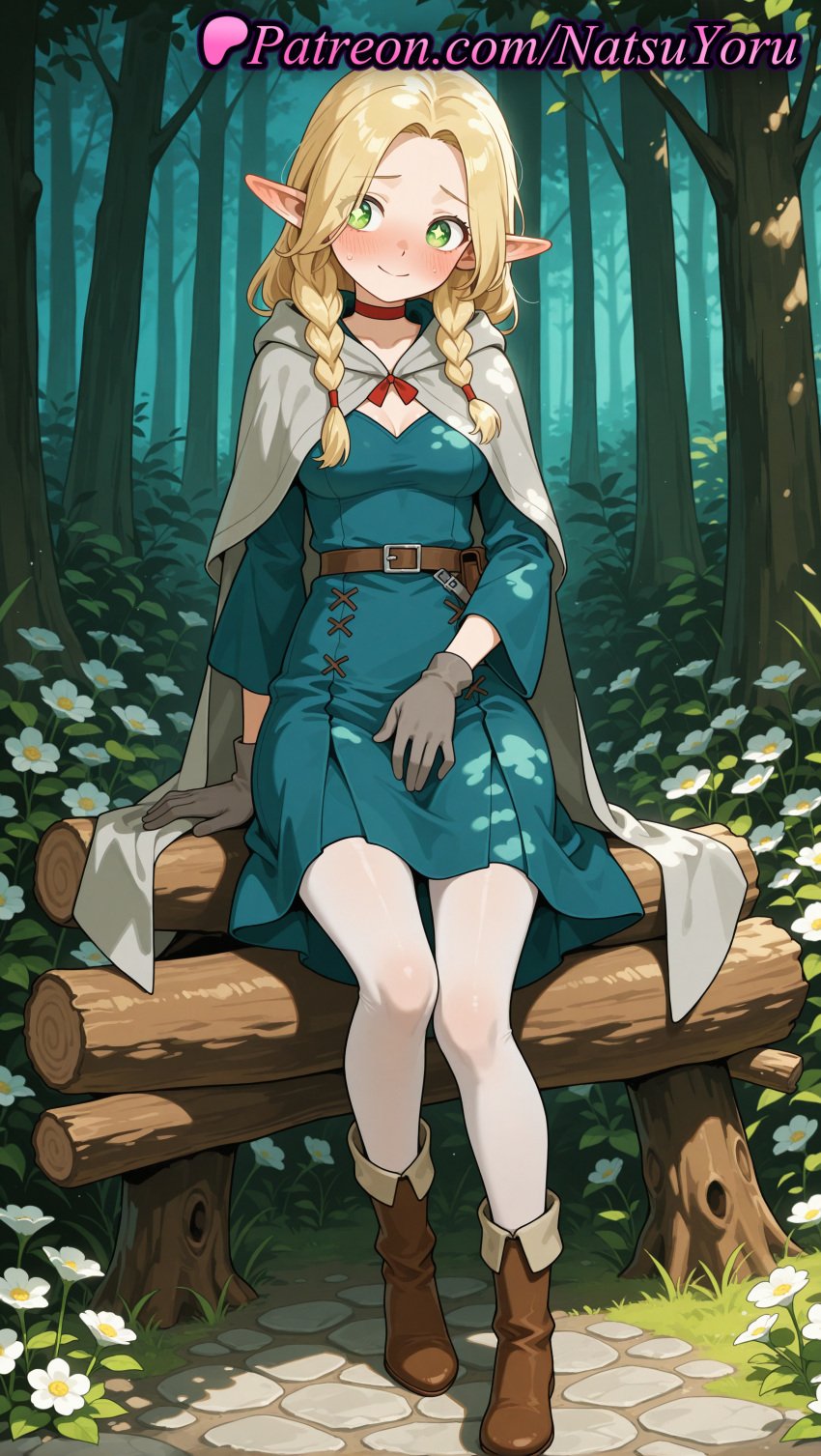 1girls ai_generated anime anime_style bangs belt blonde_hair blue_dress blush boots braid breasts brown_belt brown_footwear brown_gloves bust busty cape choker cloak closed_mouth delicious_in_dungeon dress dungeon_meshi elf elf_ears female_focus female_only flower flowers forest full_body gloves green_eyes grey_cape hentai hi_res high_quality high_resolution highres hood hood_down hooded_cape hooded_cloak log long_hair long_sleeves looking_at_viewer marcille_donato medium_breasts natsuyoru nature non-asian outdoors pantyhose parted_bangs patreon plant pointed_ears pointy_ears red_choker sitting small_breasts smile solo solo_female tree twin_braids voluptuous voluptuous_female white_cape white_flower white_legwear white_pantyhose white_thighhighs