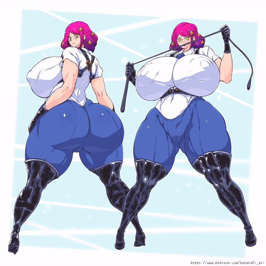 1girls ass big_calves black_gloves breasts cameltoe covered_navel covered_nipples from_behind full_body hataraki_ari huge_ass huge_breasts multiple_views muscles nipples_covered nipples_visible_through_clothing pink_hair small_feet tagme thick_thighs thighhigh_boots tight_clothing whip yellow_eyes