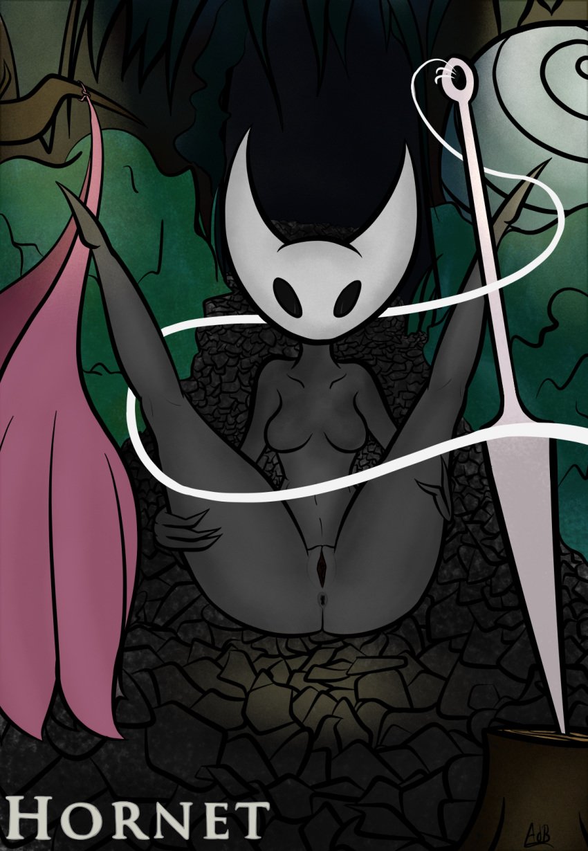 1girls anthro anus arthropod atendedordeboludos black_sclera breasts clothing detailed_background female forest hollow_knight hornet_(hollow_knight) insects looking_at_viewer melee_weapon needle nude pussy solo spread_legs spreading tagme thread tree weapon