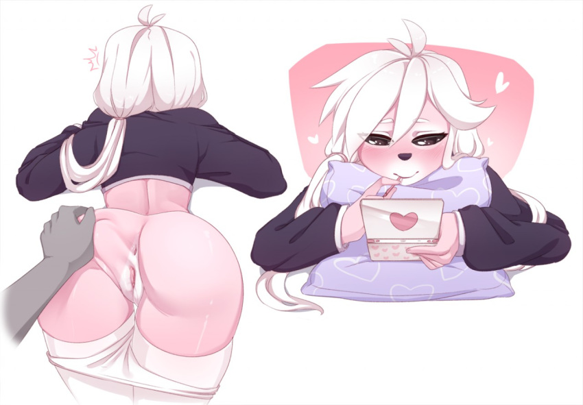 1girls 2017 anthro anus ass blush clothed clothing duo female hair heart-shaped_butt hi_res iwbitu legwear mammal marine nude nyopu_(iwbitu) original pinniped presenting pussy pussy_juice seal simple_background smile spreading video_games