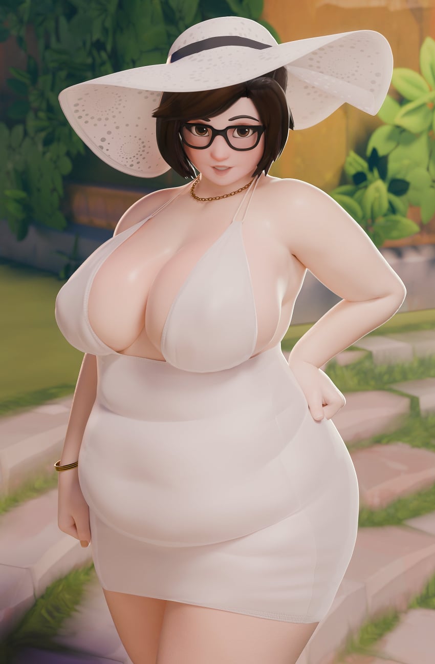 3d bbw belly big_breasts breasts chubby chubby_female clothed clothing fugtrup glasses looking_at_viewer mei_(overwatch) overwatch pinup sun_hat sundress tagme wide_hips